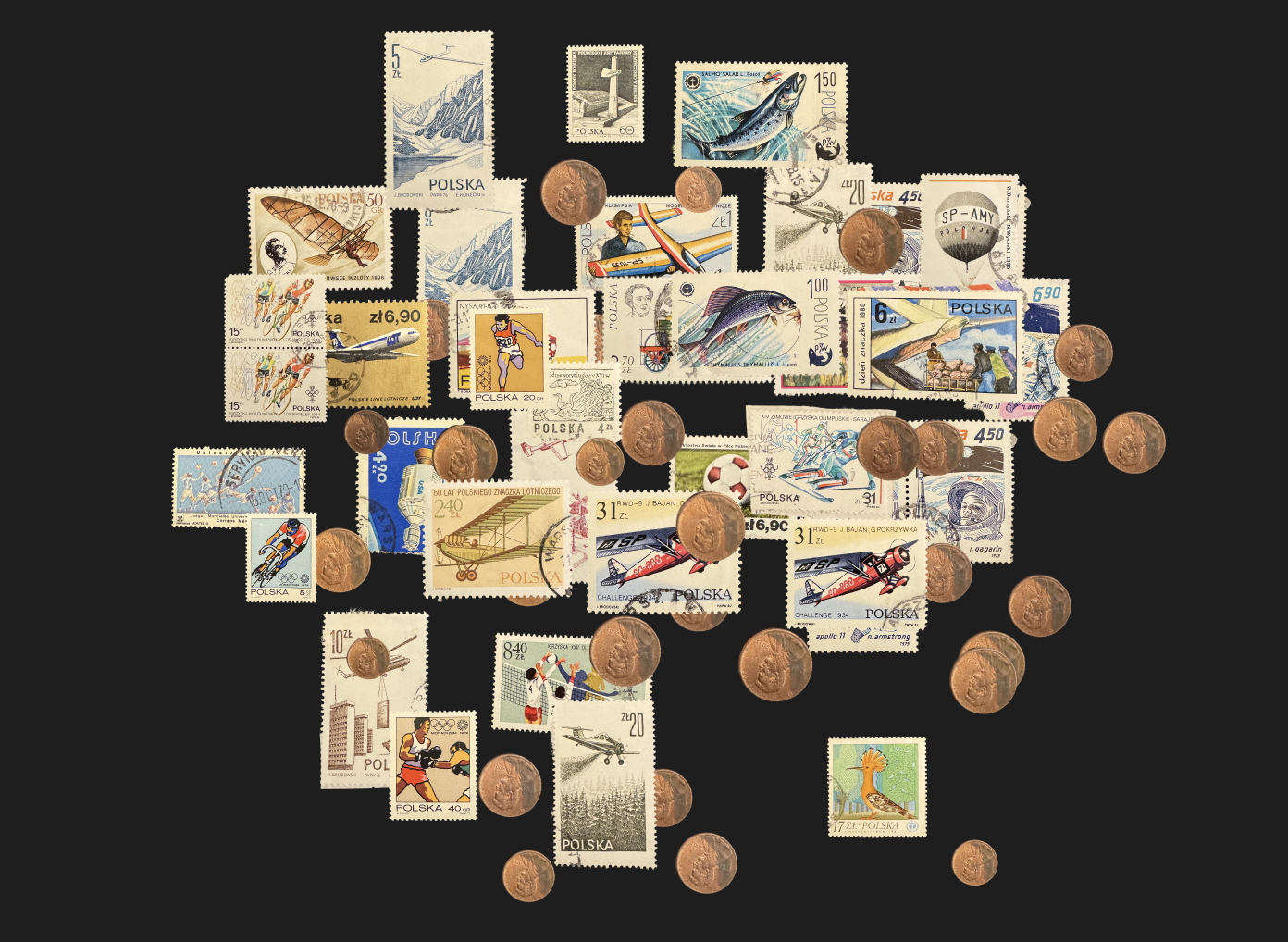 Stamps photographed with pennies for scale